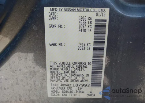 2019 Nissan Altima 2.5 S z USA, uszkodzony, nr VIN 1N4BL4BV4KC187993